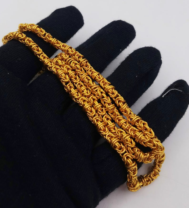 Solid 22 inches long 22k yellow gold handmade fabulous byzantine stylish chain necklace unisex gifting jewel - TRIBAL ORNAMENTS