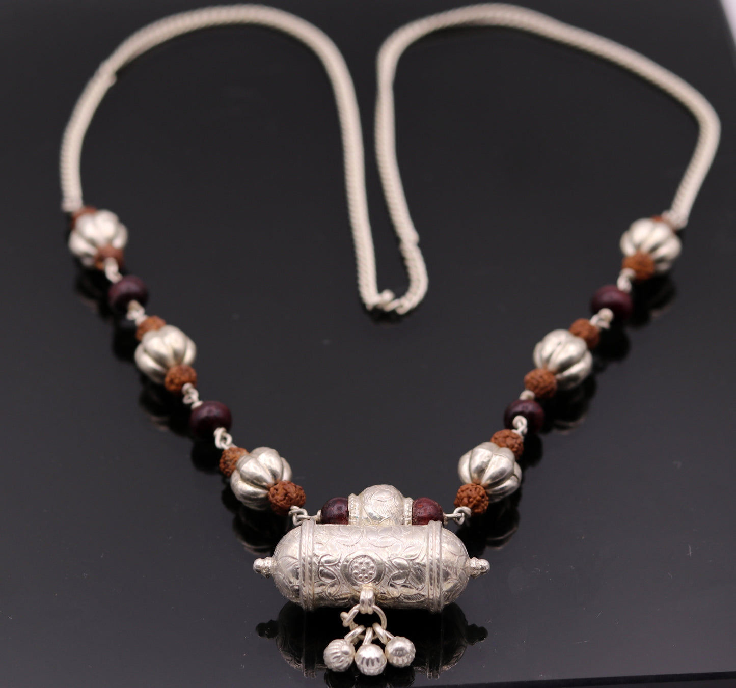 Vintage antique used sterling silver handmade necklace with Rudraksha beads and silver beads necklace tribal jewelry from india set64 - TRIBAL ORNAMENTS