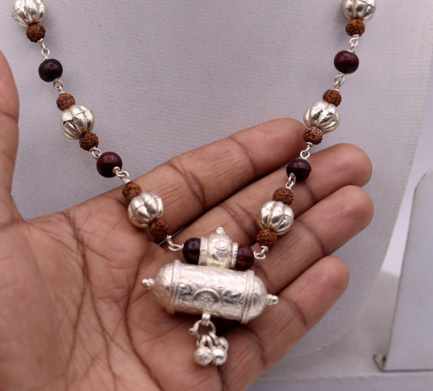 Vintage antique used sterling silver handmade necklace with Rudraksha beads and silver beads necklace tribal jewelry from india set64 - TRIBAL ORNAMENTS