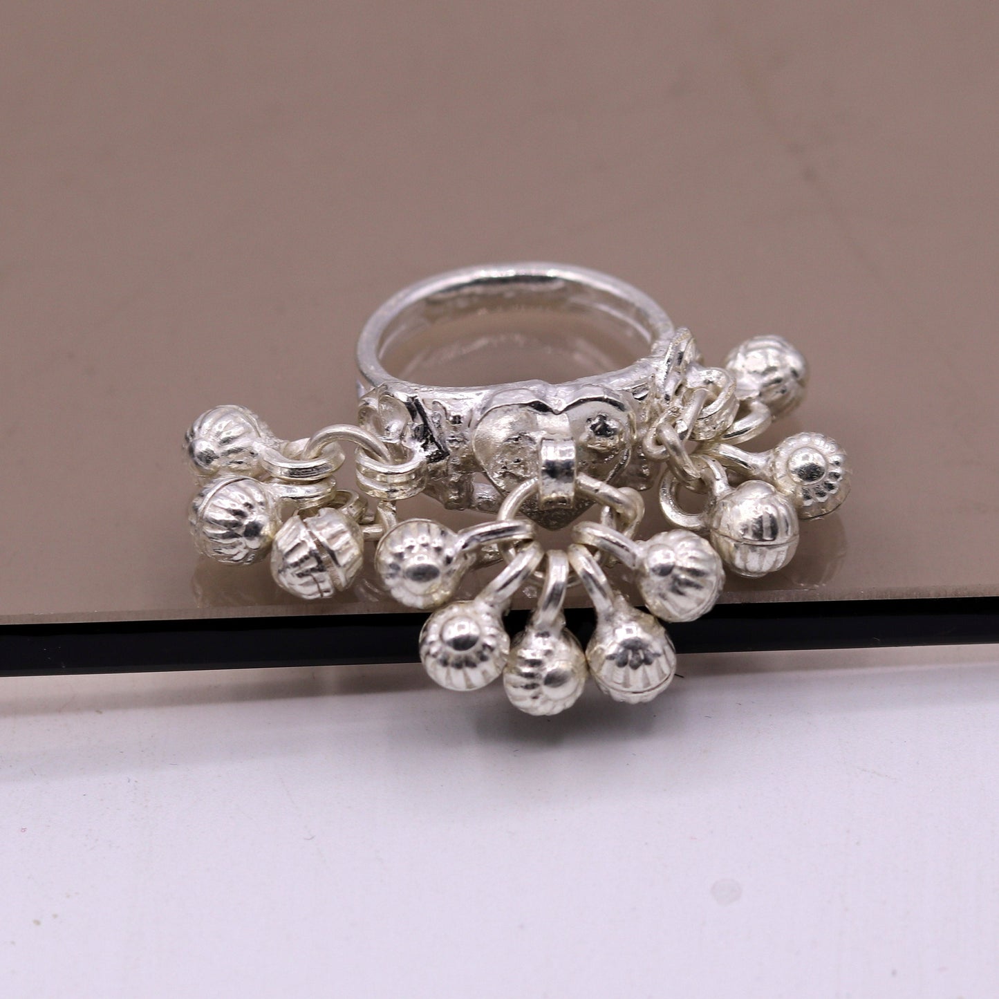 Sterling silver handmade gorgeous charm ring with fabulous noisy bells, excellent belly dance tribal antique jewelry india sr208 - TRIBAL ORNAMENTS