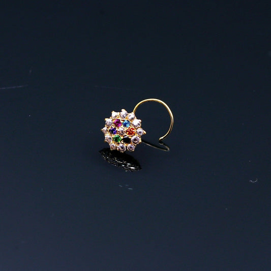 18kt yellow gold handmade fabulous multi color stone cubic zircon nose stud,excellent women girls daily use jewelry from Rajasthan gnp15 - TRIBAL ORNAMENTS