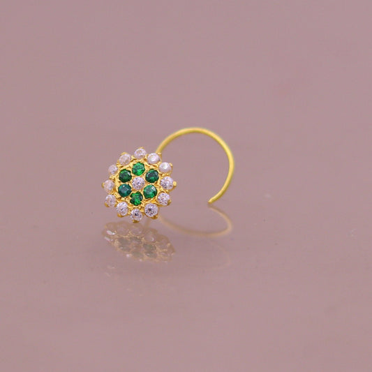 18kt yellow gold handmade fabulous green color stone cubic zircon nose stud,excellent women girls daily use jewelry from Rajasthan gnp16 - TRIBAL ORNAMENTS
