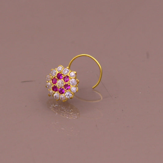 18kt yellow gold handmade fabulous pink color stone cubic zircon nose stud,excellent women girls daily use jewelry from Rajasthan gnp17 - TRIBAL ORNAMENTS