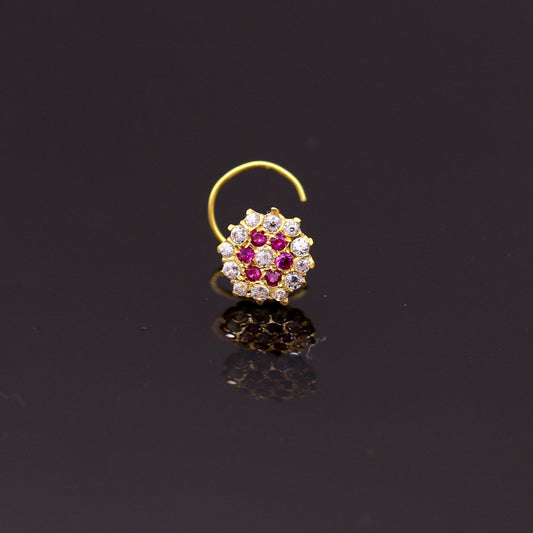 18kt yellow gold handmade fabulous pink color stone cubic zircon nose stud,excellent women girls daily use jewelry from Rajasthan gnp17 - TRIBAL ORNAMENTS