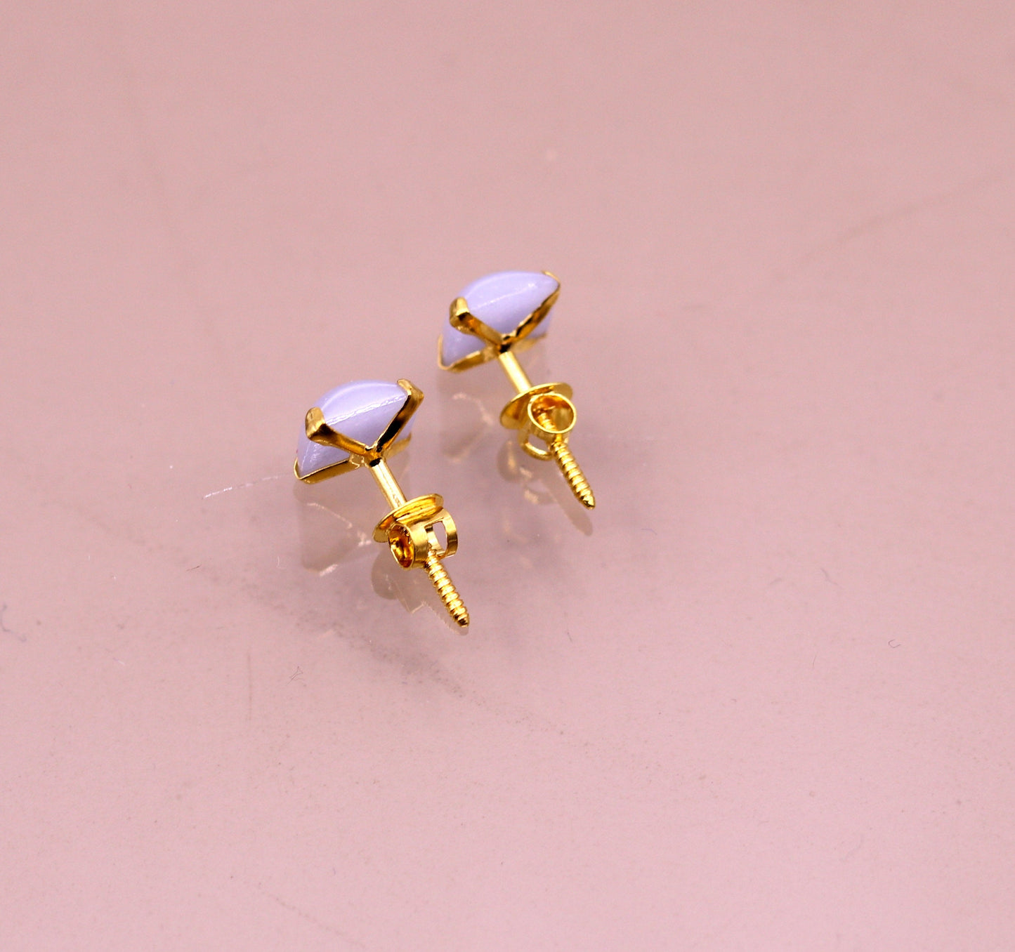 Fabulous light blue color stone 18kt yellow gold handmade stud earring excellent daily use gifting light weight jewelry india er100 - TRIBAL ORNAMENTS