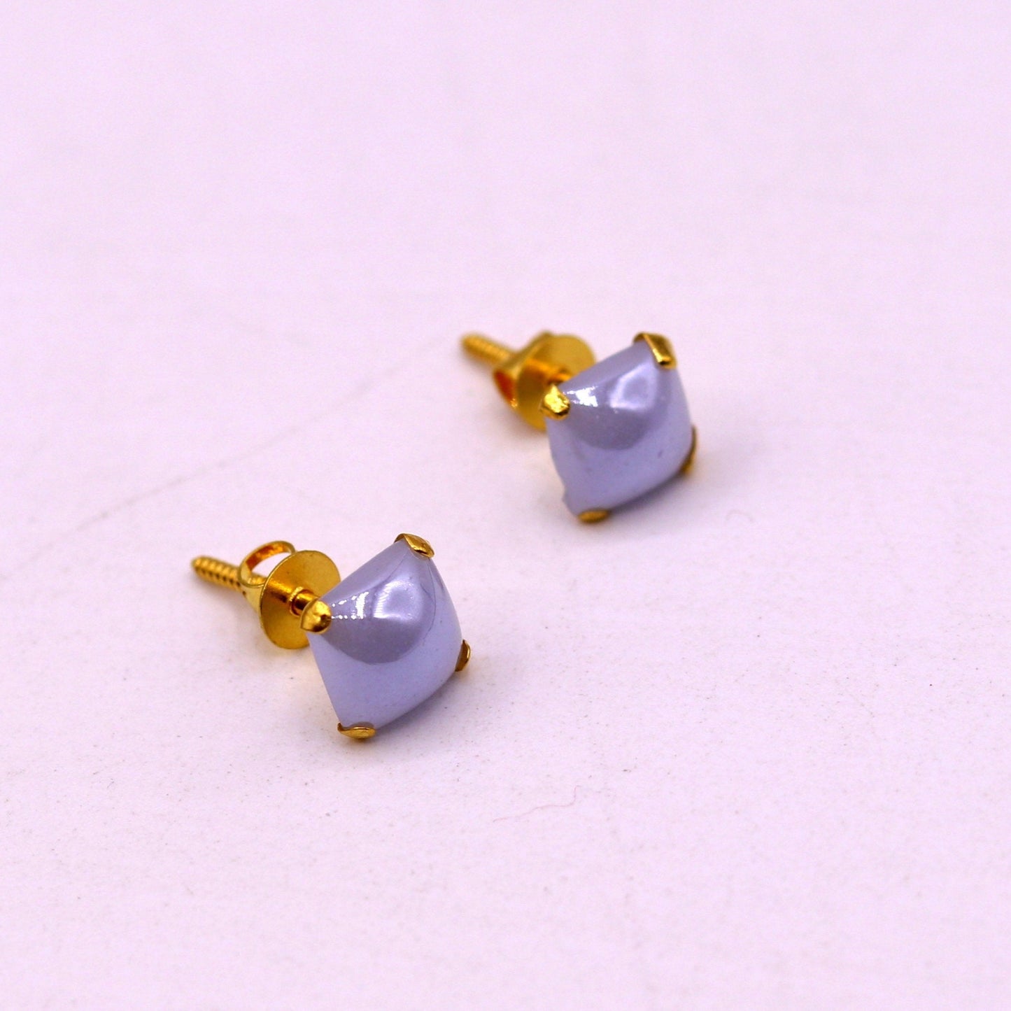 Fabulous light blue color stone 18kt yellow gold handmade stud earring excellent daily use gifting light weight jewelry india er100 - TRIBAL ORNAMENTS