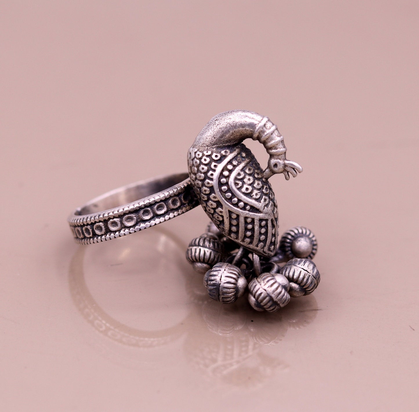 925 sterling silver handmade fabulous peacock design ring with amazing noisy jingle bells excellent customized jewelry for belly dance sr200 - TRIBAL ORNAMENTS