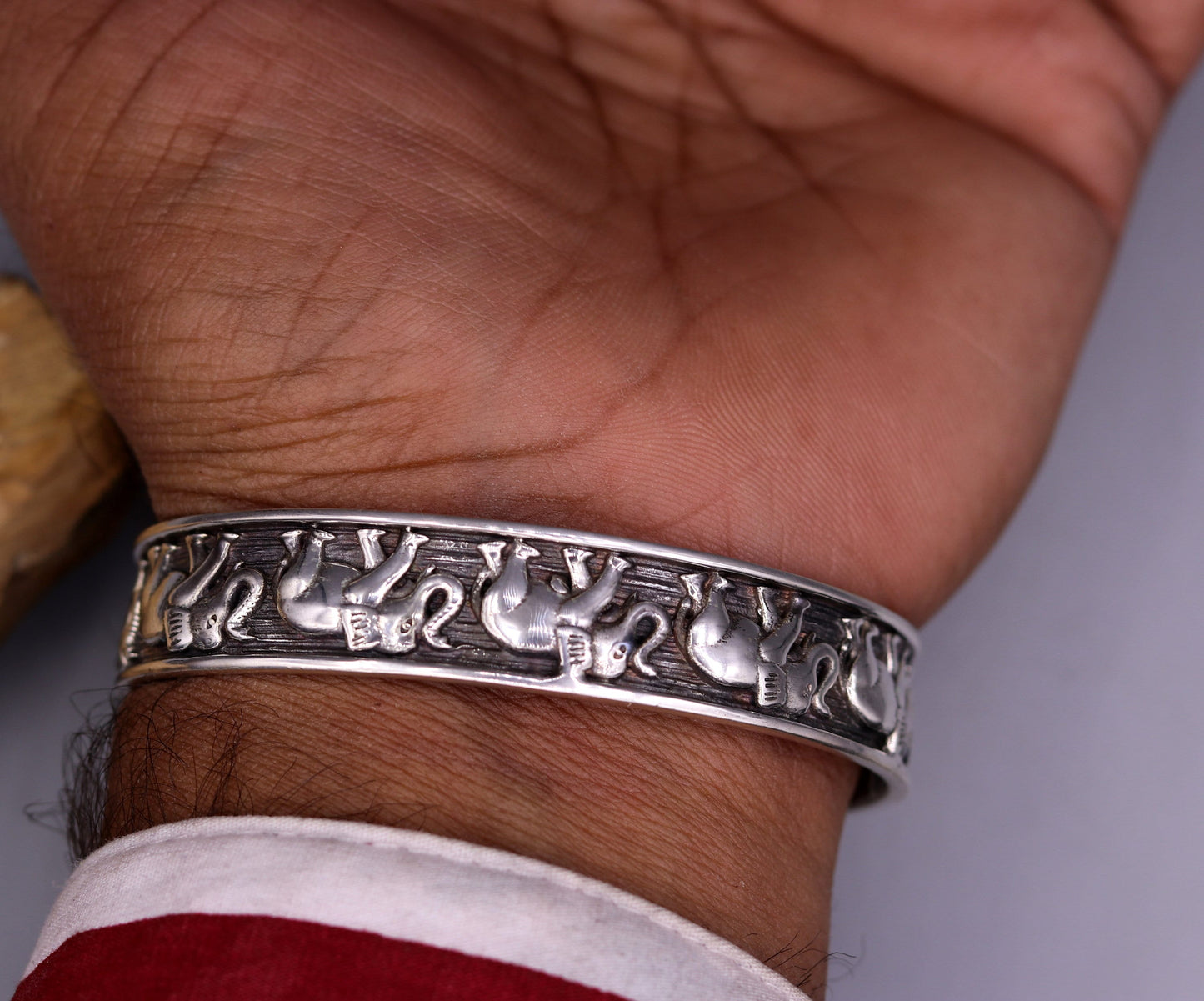 Vintage antique design excellent elephant 925 sterling silver bangle bracelet adjustable kada unisex india jewelry nsk144 - TRIBAL ORNAMENTS