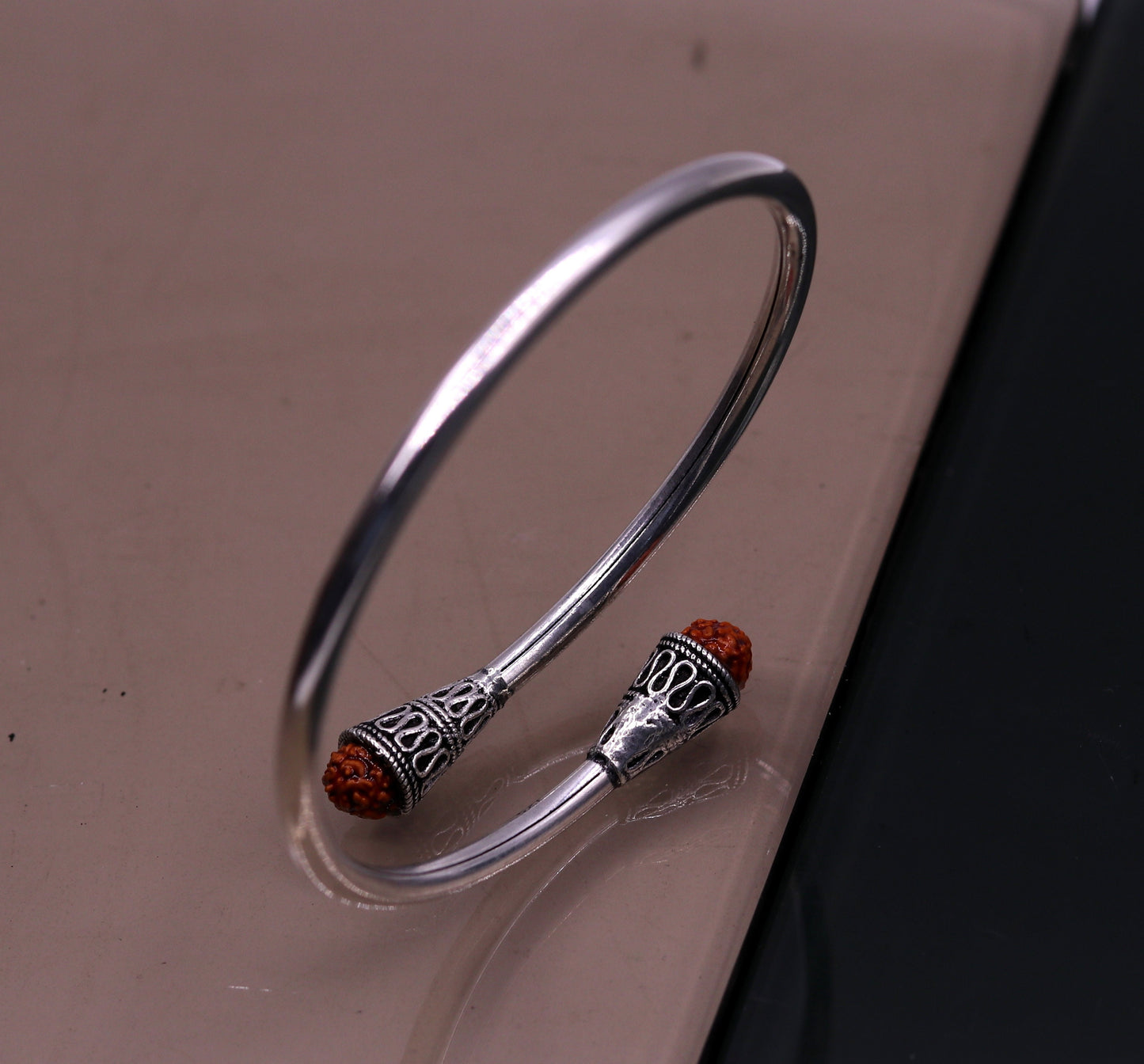 Stylish design handmade 925 sterling silver Rudraksha beads flexible bangle bracelet kada unisex adjustable jewelry from india nsk151 - TRIBAL ORNAMENTS