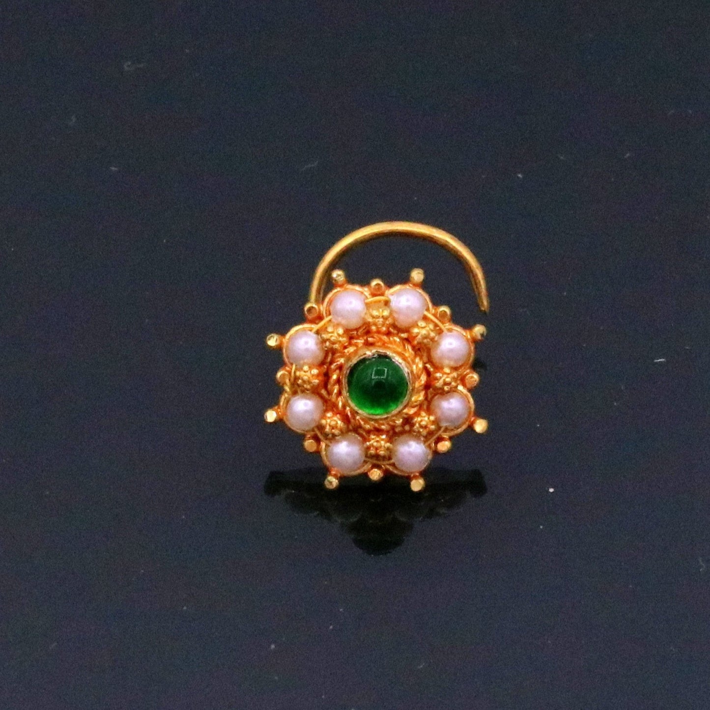 20kt ct excellent vintage antique designer nose pin pearl and green onyx stone fabulous stylish girl's women's nose pin party jewelry gnp14 - TRIBAL ORNAMENTS