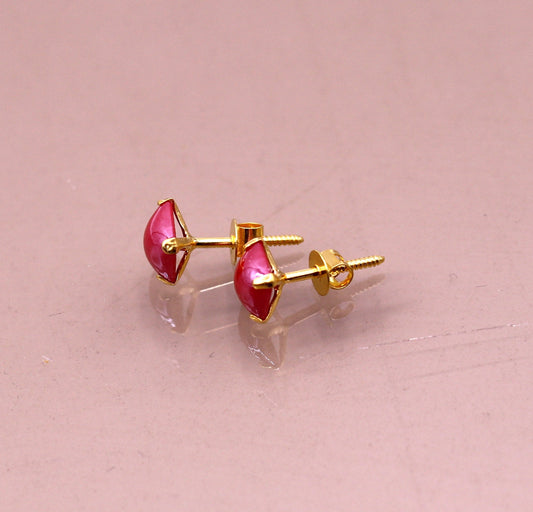 Fabulous Red color stone 18kt yellow gold handmade stud earring excellent daily use gifting light weight jewelry india er99 - TRIBAL ORNAMENTS