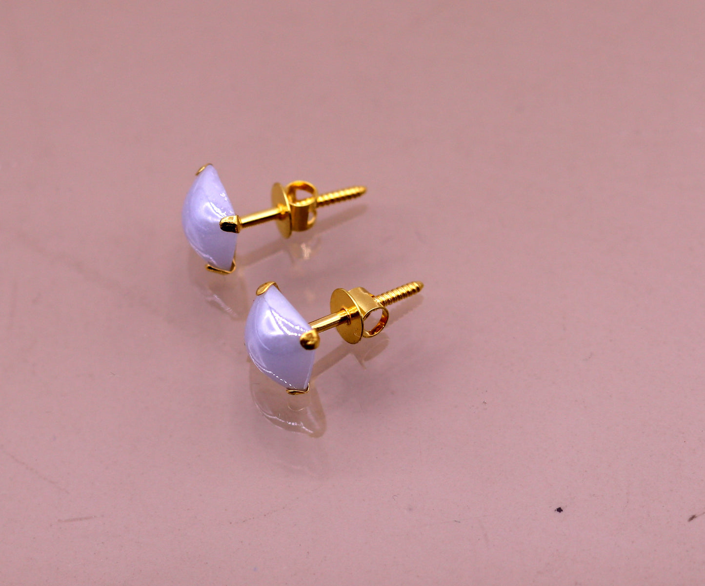 Fabulous light blue color stone 18kt yellow gold handmade stud earring excellent daily use gifting light weight jewelry india er100 - TRIBAL ORNAMENTS