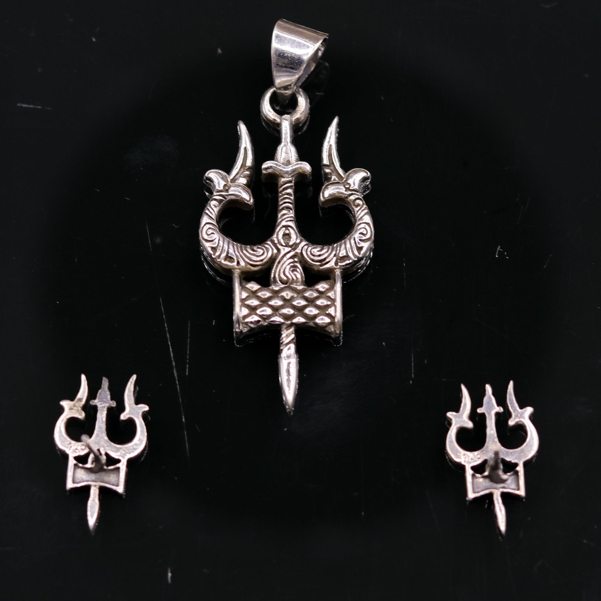 Awesome pretty design Lord Shiva trident shape pendant with tiny trident stud 925 sterling silver amazing fabulous set tribal jewelry nsp231 - TRIBAL ORNAMENTS