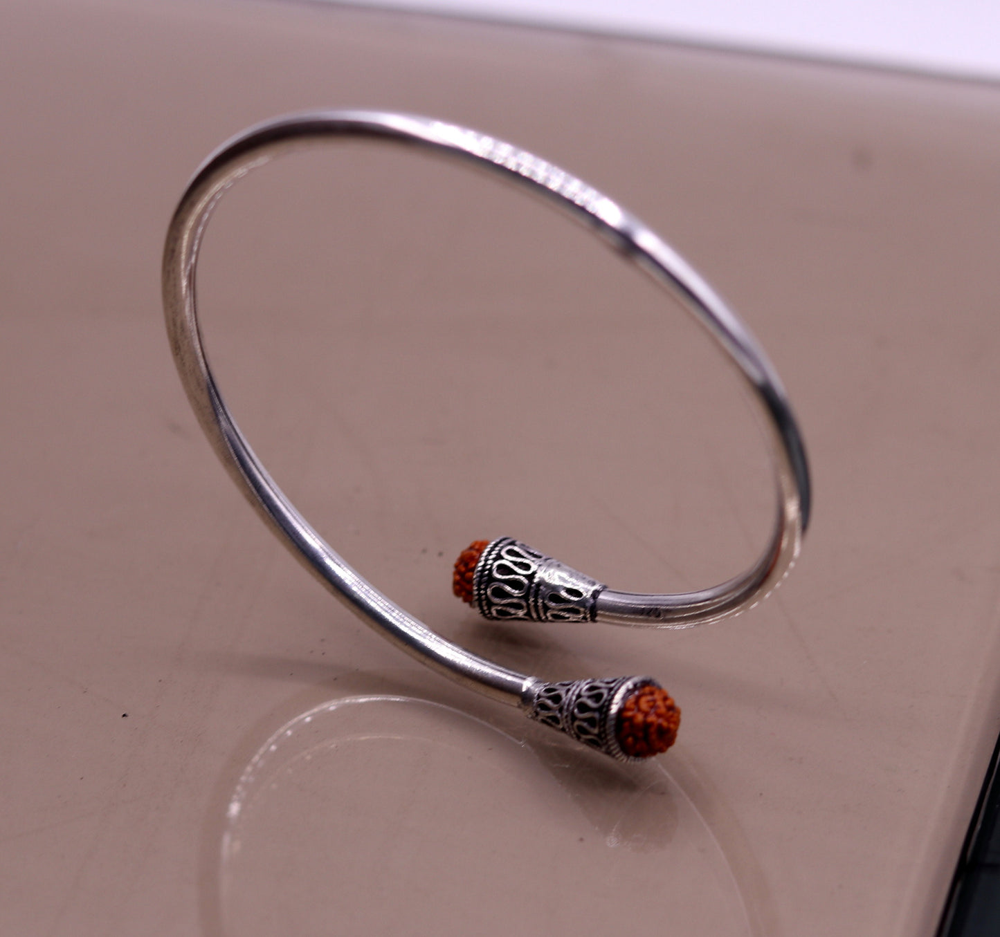 Stylish design handmade 925 sterling silver Rudraksha beads flexible bangle bracelet kada unisex adjustable jewelry from india nsk151 - TRIBAL ORNAMENTS