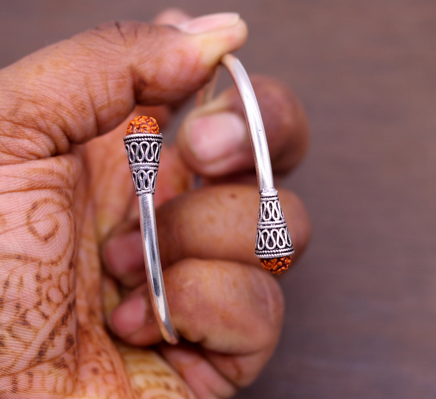 Stylish design handmade 925 sterling silver Rudraksha beads flexible bangle bracelet kada unisex adjustable jewelry from india nsk151 - TRIBAL ORNAMENTS
