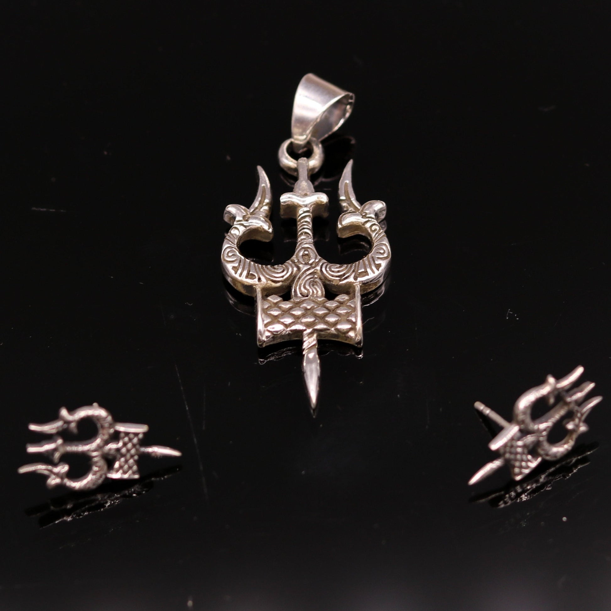 Awesome pretty design Lord Shiva trident shape pendant with tiny trident stud 925 sterling silver amazing fabulous set tribal jewelry nsp231 - TRIBAL ORNAMENTS
