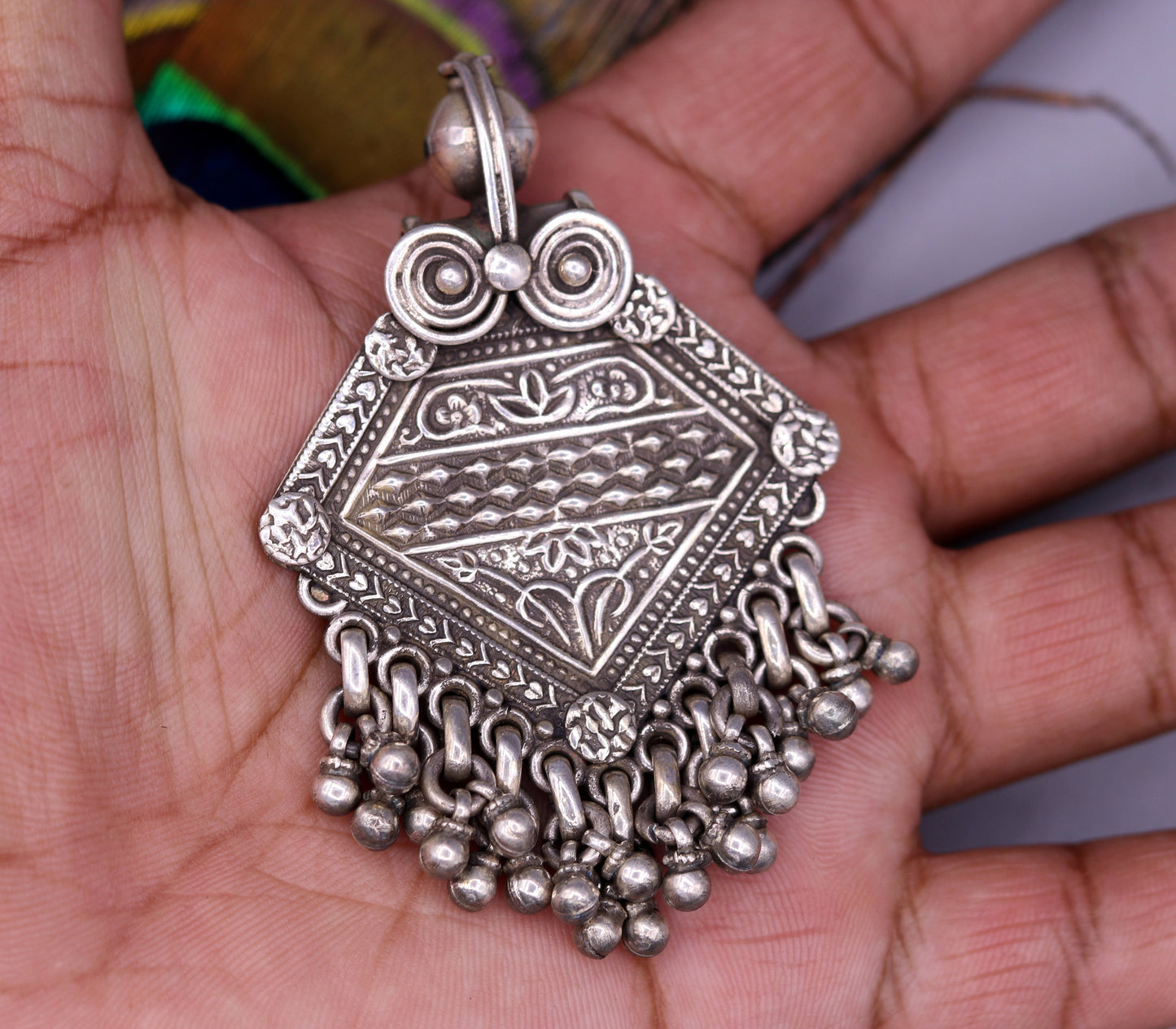 Vintage antique design Handmade 925 sterling silver excellent tribal pendant with hanging bells gifting women's jewelry nsp257 - TRIBAL ORNAMENTS