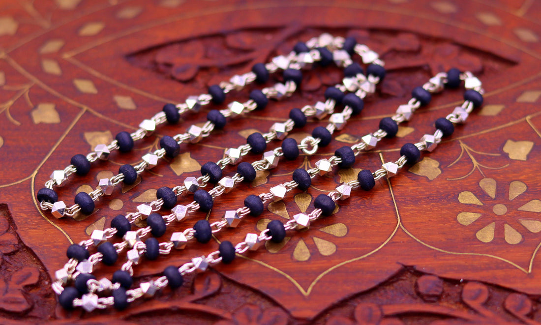 Sterling silver handmade Solid beads and black basil rosary wooden beads silver chain necklace tulsi mala use in Ayurveda meditation ch58 - TRIBAL ORNAMENTS