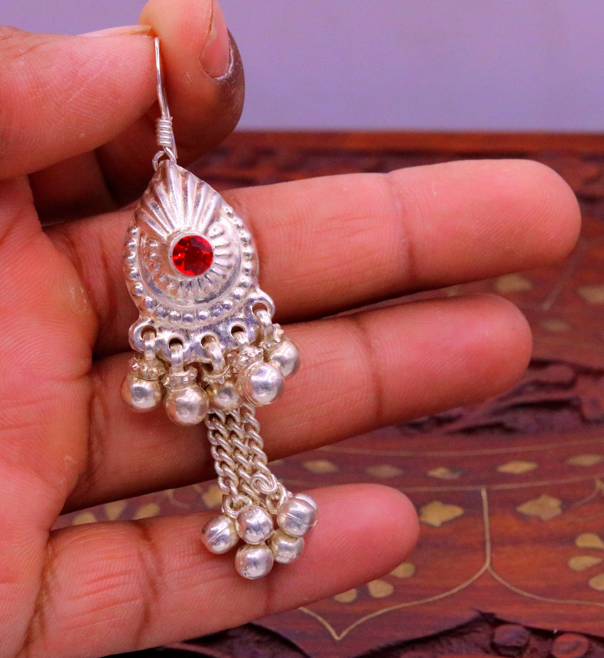 Vintage design sterling silver hoops earrings, fabulous stone and hanging noisy bells drop dangle earrings tribal jewelry from india s642 - TRIBAL ORNAMENTS