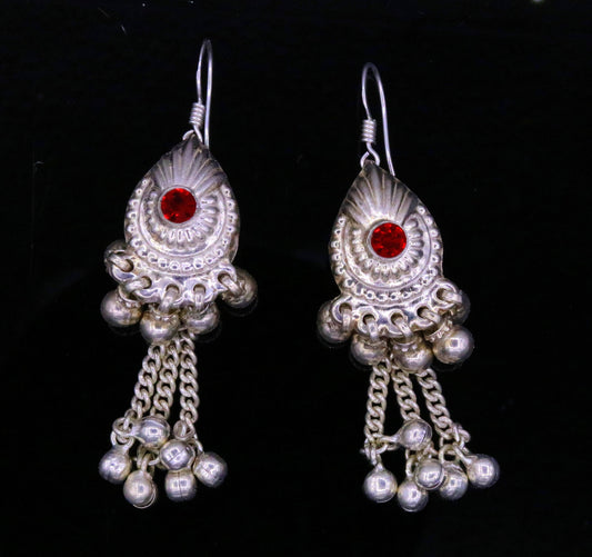 Vintage design sterling silver hoops earrings, fabulous stone and hanging noisy bells drop dangle earrings tribal jewelry from india s642 - TRIBAL ORNAMENTS
