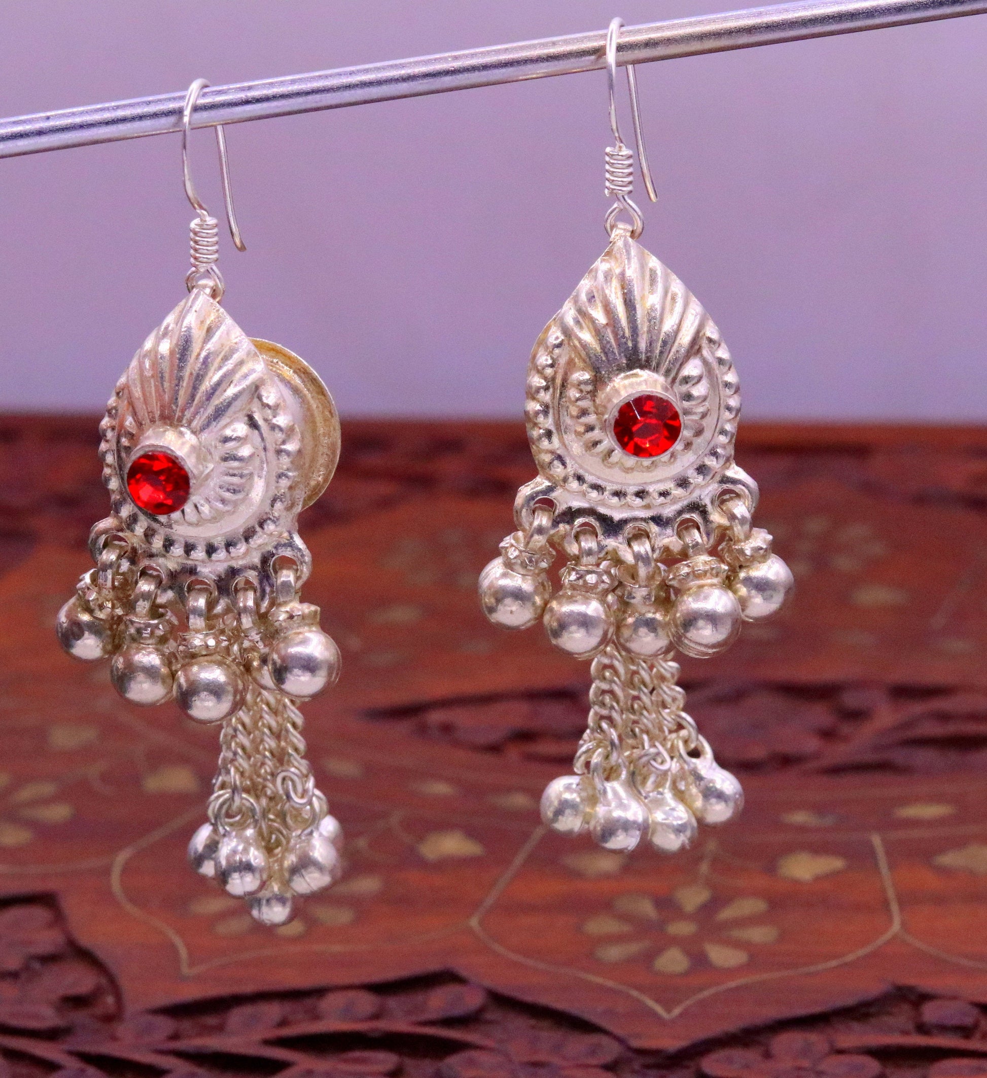 Vintage design sterling silver hoops earrings, fabulous stone and hanging noisy bells drop dangle earrings tribal jewelry from india s642 - TRIBAL ORNAMENTS