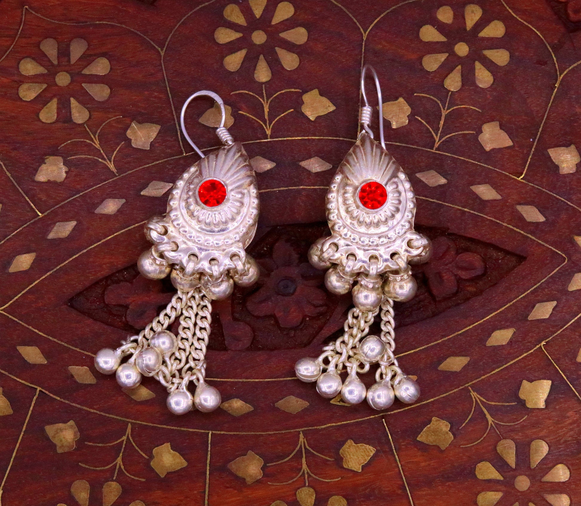 Vintage design sterling silver hoops earrings, fabulous stone and hanging noisy bells drop dangle earrings tribal jewelry from india s642 - TRIBAL ORNAMENTS