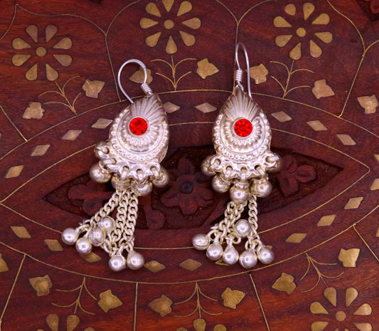 Vintage design sterling silver hoops earrings, fabulous stone and hanging noisy bells drop dangle earrings tribal jewelry from india s642 - TRIBAL ORNAMENTS