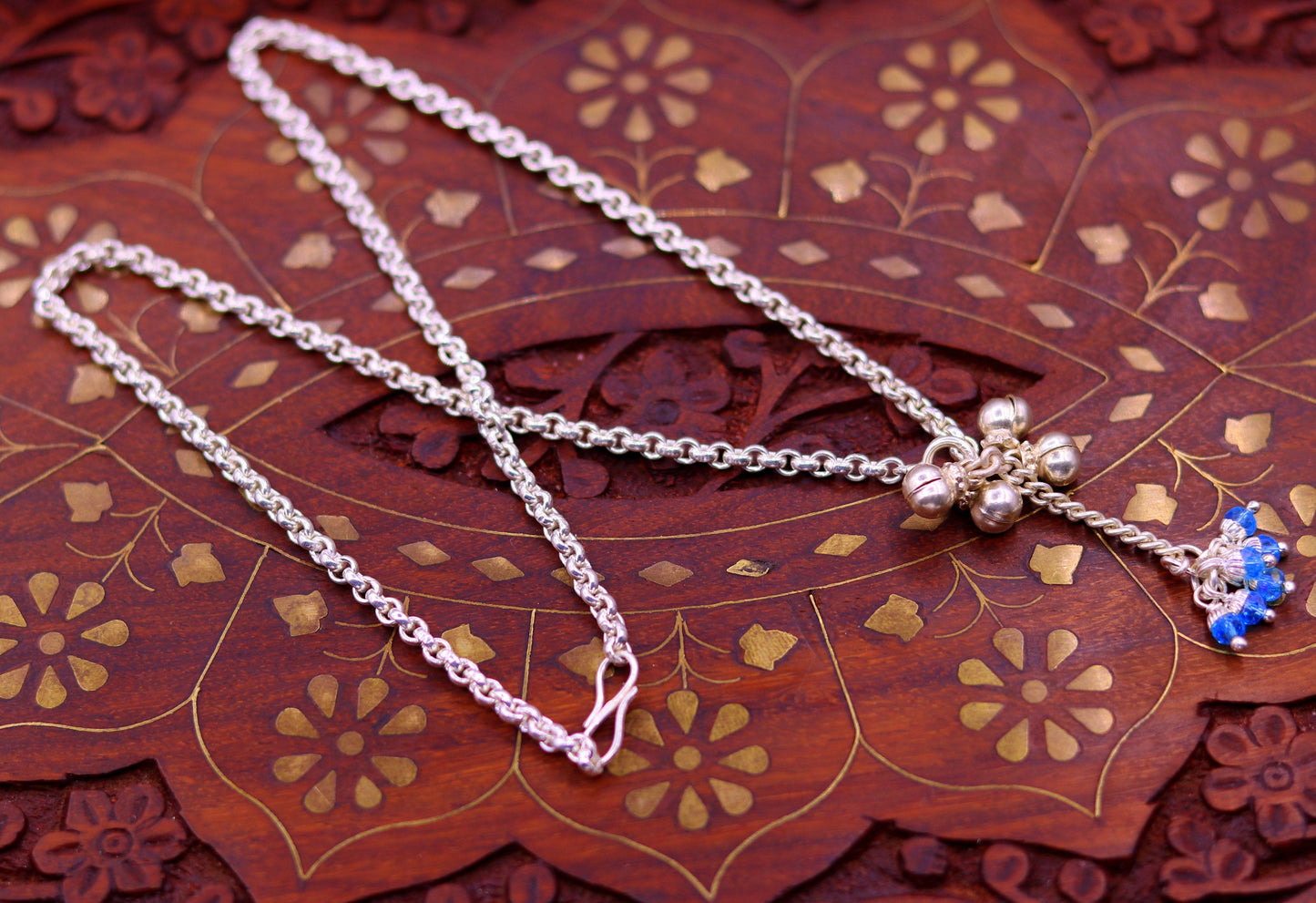 Handmade sterling silver rolo link chain charm necklace with fabulous hanging color beads and bells excellent tribal jewelry set91 - TRIBAL ORNAMENTS