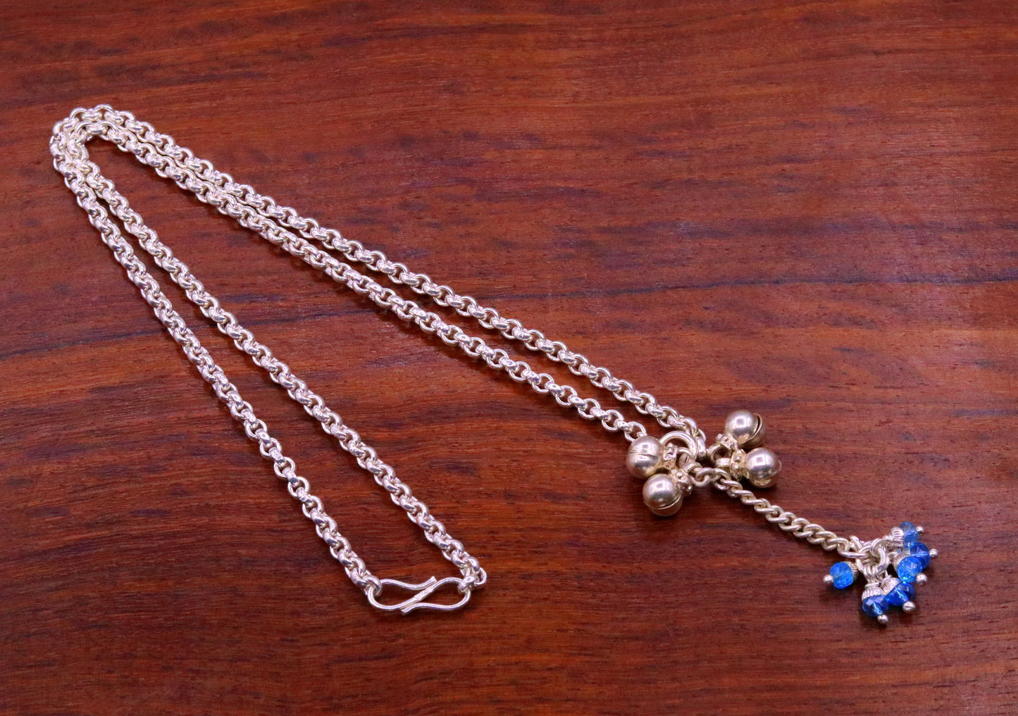 Handmade sterling silver rolo link chain charm necklace with fabulous hanging color beads and bells excellent tribal jewelry set91 - TRIBAL ORNAMENTS