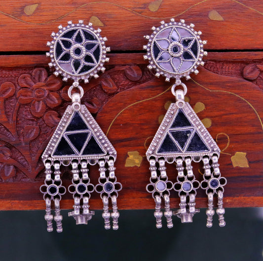 Fabulous 8.2" Inch long 925 sterling silver handmade glass fitting tribal stud earring gorgeous hangings jewelry from Rajasthan india s676 - TRIBAL ORNAMENTS