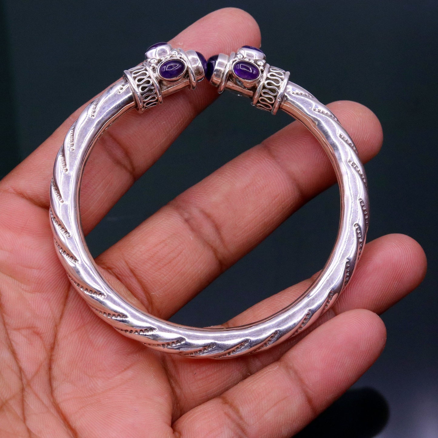 925 sterling silver handmade vintage design bangle bracelet kada with fabulous purple amethyst gemstone tribal unisex jewelry nsk223 - TRIBAL ORNAMENTS