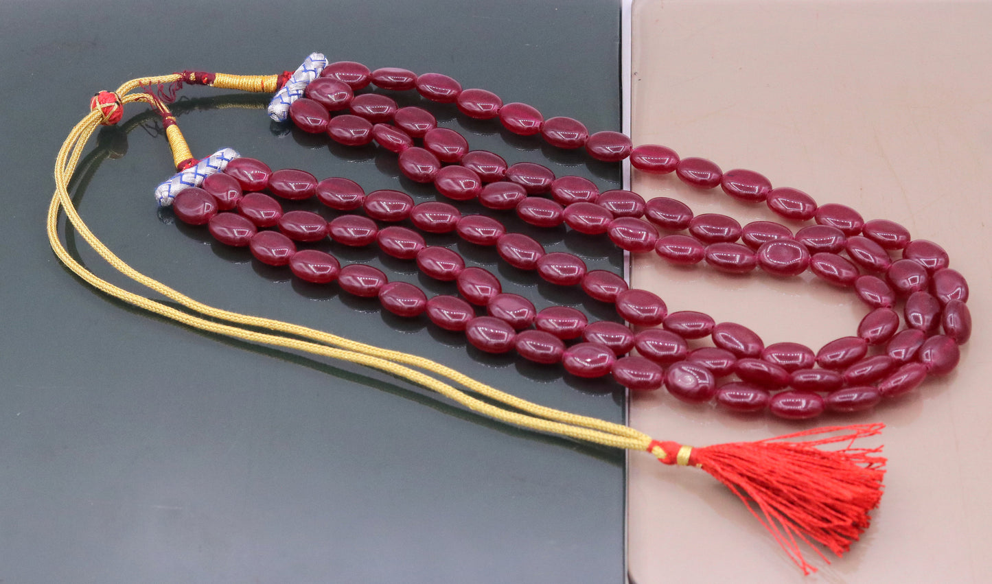 Vintage antique design handmade gorgeous Red Quartz three line necklace, excellent beaded charm necklace tribal jewelry from india qd01 - TRIBAL ORNAMENTS