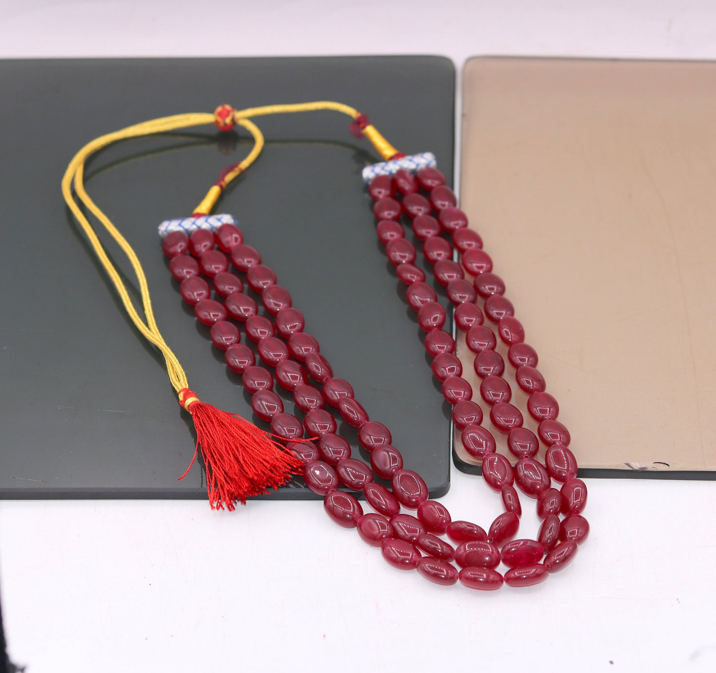 Vintage antique design handmade gorgeous Red Quartz three line necklace, excellent beaded charm necklace tribal jewelry from india qd01 - TRIBAL ORNAMENTS