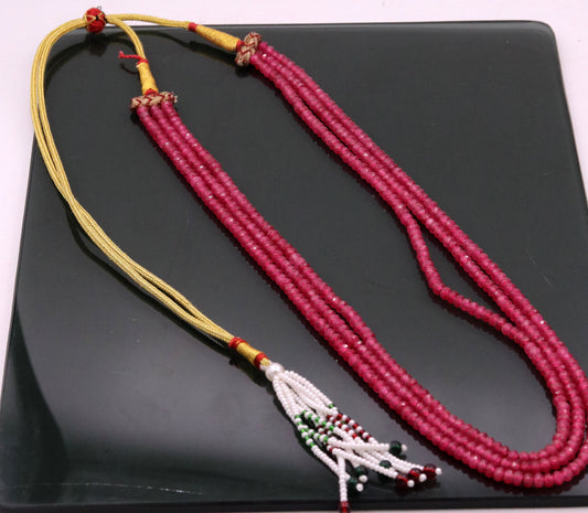 Vintage antique design handmade gorgeous rose pink Quartz 3 line necklace, excellent beaded charm necklace tribal jewelry from india qd03 - TRIBAL ORNAMENTS