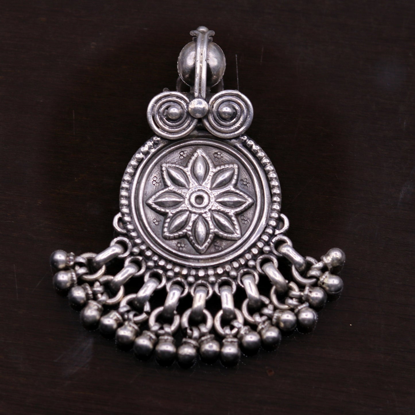 Handmade design 925 sterling silver excellent flower design vintage antique tribal pendant with hanging bells gifting jewelry nsp254 - TRIBAL ORNAMENTS