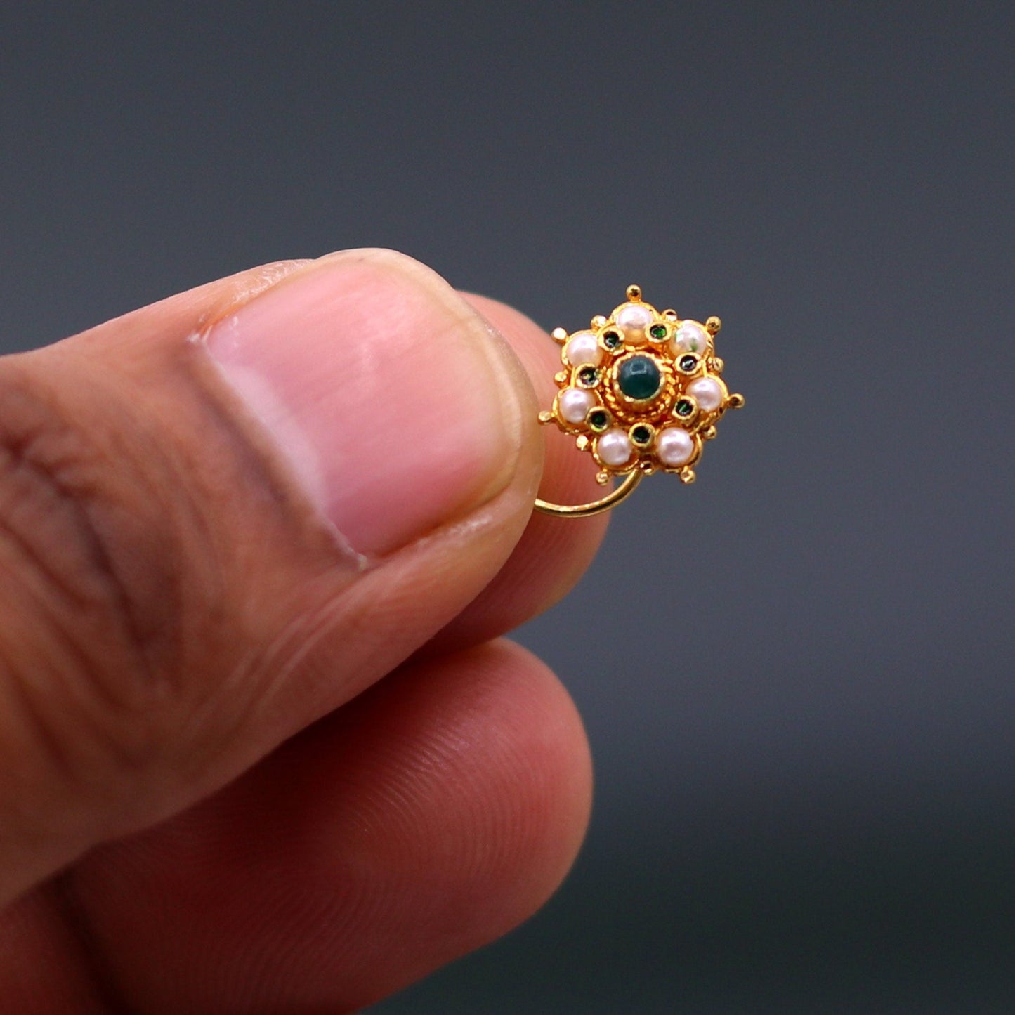 Vintage Antique design handmade gorgeous 20kt ct yellow gold gorgeous nose pin stud with pretty tiny pearl and green onyx stone gnp22 - TRIBAL ORNAMENTS