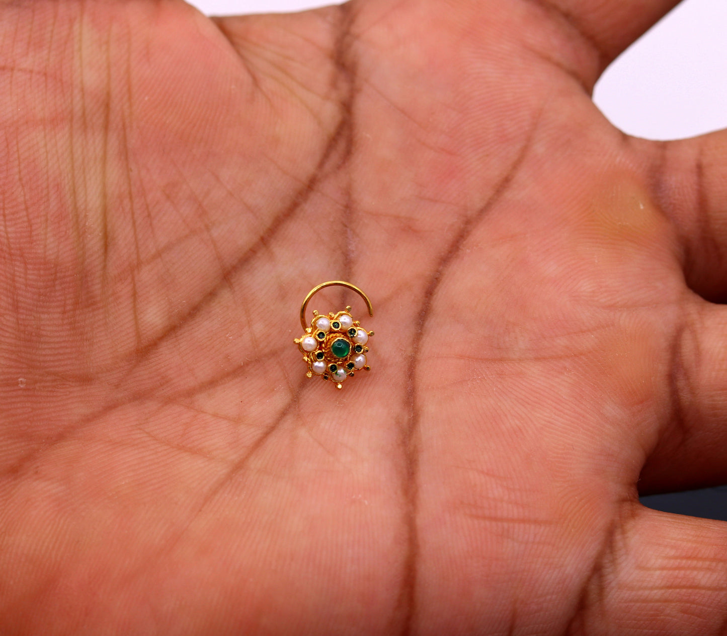 Vintage Antique design handmade gorgeous 20kt ct yellow gold gorgeous nose pin stud with pretty tiny pearl and green onyx stone gnp22 - TRIBAL ORNAMENTS