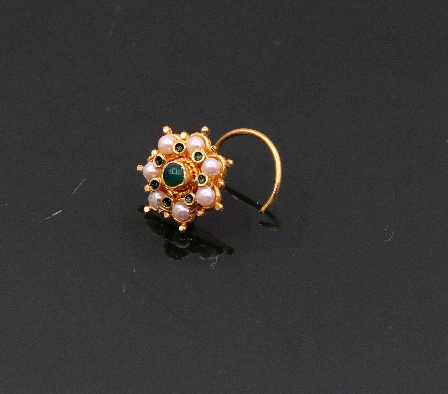 Vintage Antique design handmade gorgeous 20kt ct yellow gold gorgeous nose pin stud with pretty tiny pearl and green onyx stone gnp22 - TRIBAL ORNAMENTS