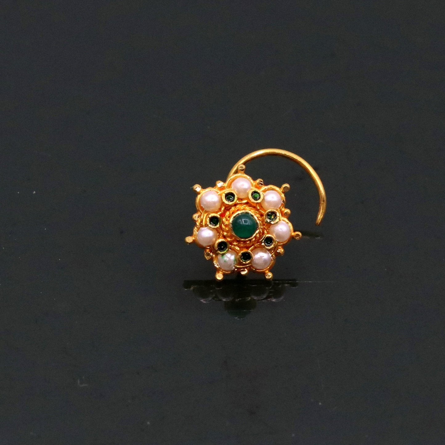 Vintage Antique design handmade gorgeous 20kt ct yellow gold gorgeous nose pin stud with pretty tiny pearl and green onyx stone gnp22 - TRIBAL ORNAMENTS