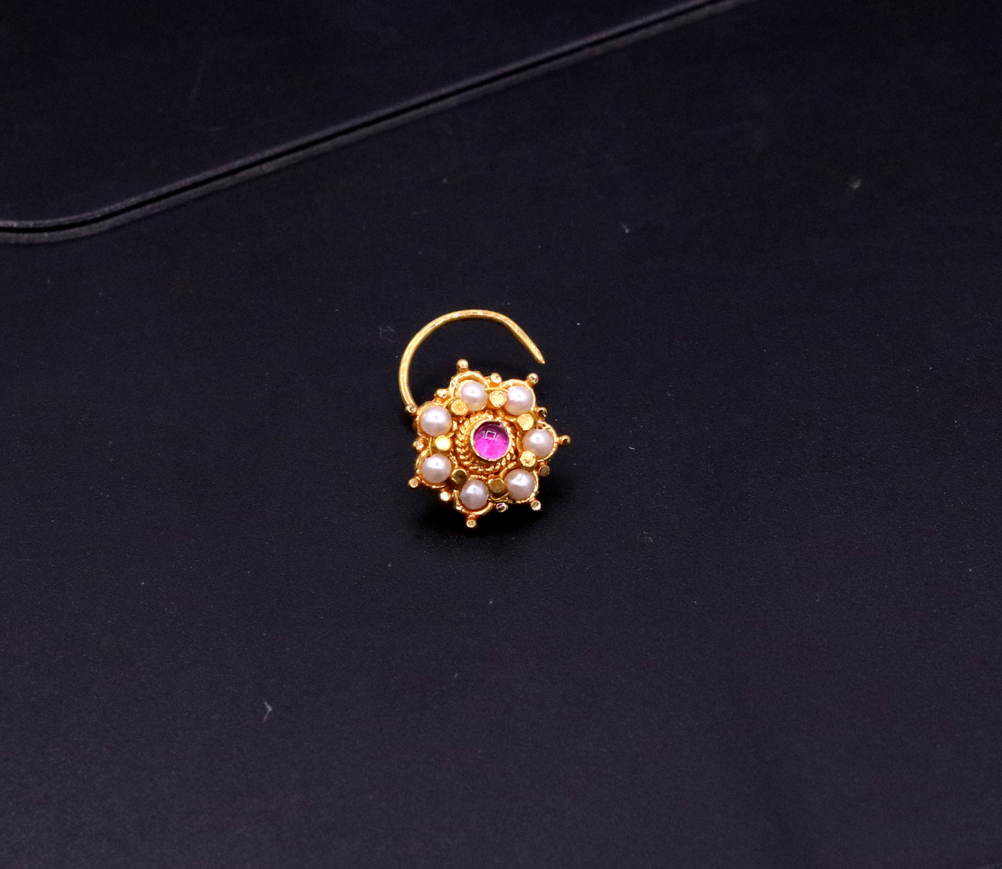 Awesome 6 white pearl and red stone 20kt yellow gold nose pin nose stud Indian vintage antique design handmade tribal jewelry gnp26 - TRIBAL ORNAMENTS
