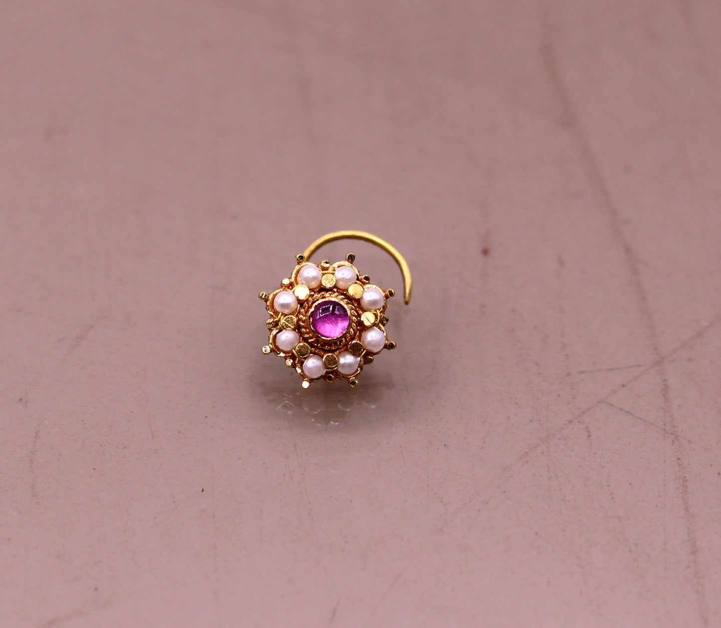 Fabulous 8 white pearl and red stone 20kt yellow gold nose pin nose stud Indian vintage antique design handmade tribal jewelry gnp27 - TRIBAL ORNAMENTS