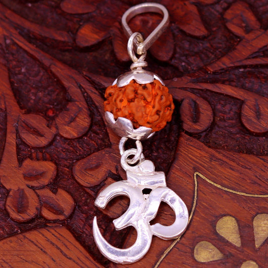 Sterling silver Handmade Aum mantra pendant with fabulous natural rudraksha beads excellent unisex gifting light weight jewelry nsp279 - TRIBAL ORNAMENTS