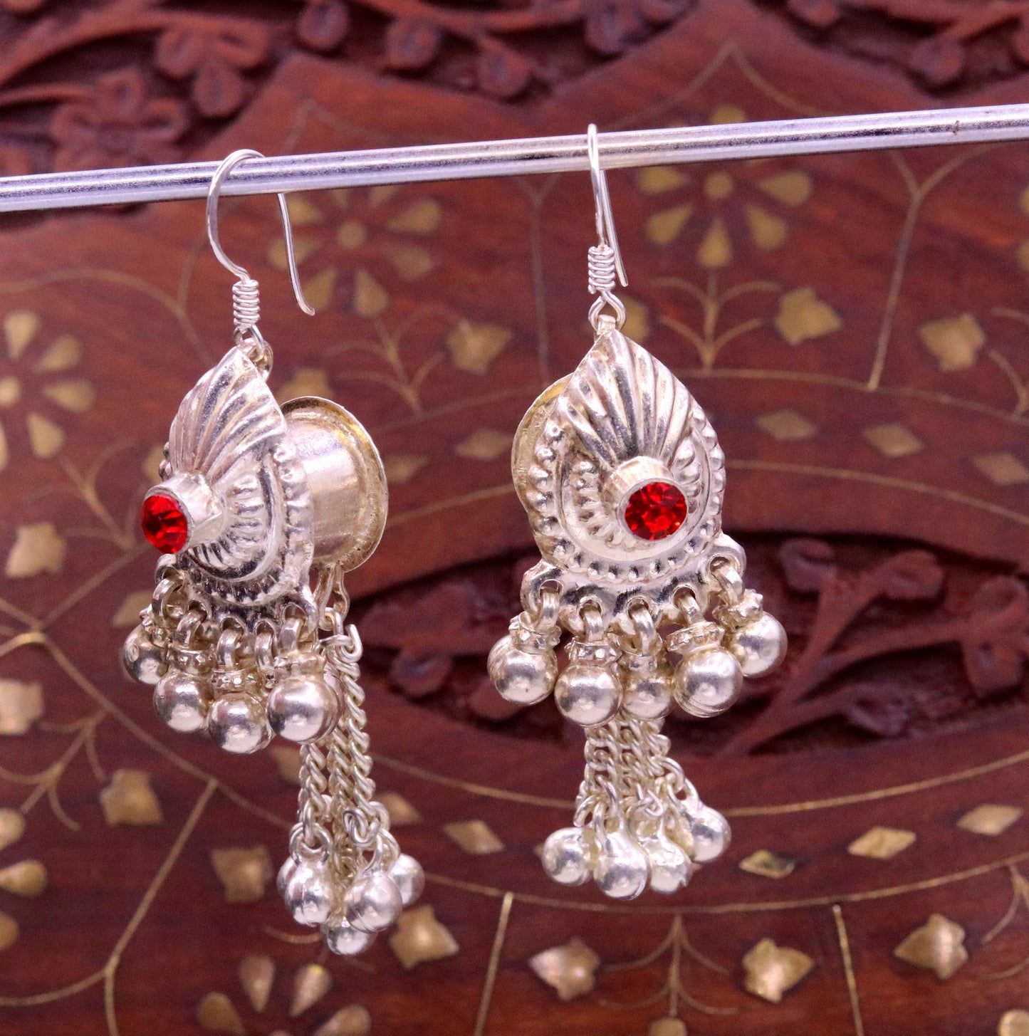 Vintage design sterling silver hoops earrings, fabulous stone and hanging noisy bells drop dangle earrings tribal jewelry from india s642 - TRIBAL ORNAMENTS