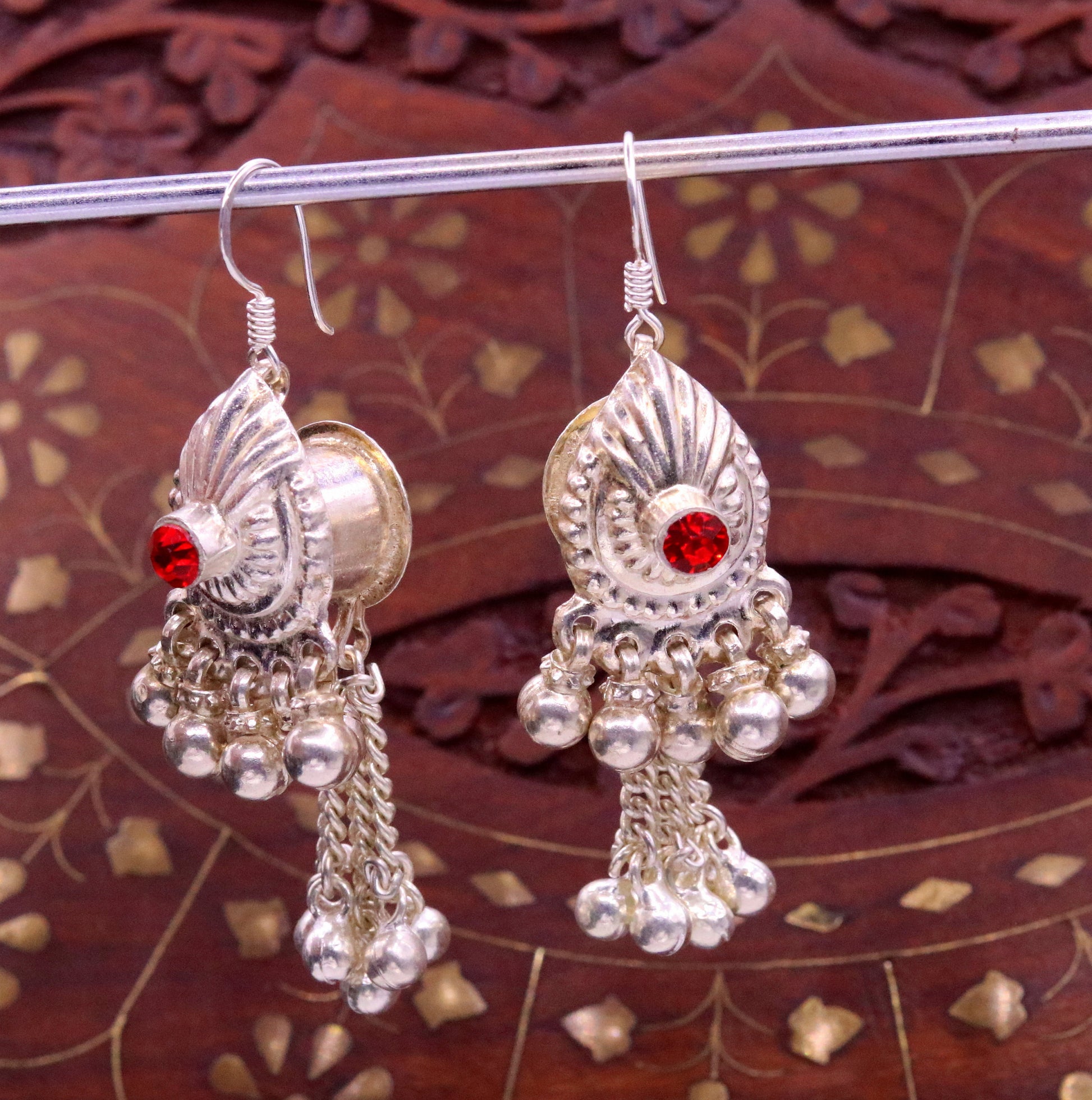 Vintage design sterling silver hoops earrings, fabulous stone and hanging noisy bells drop dangle earrings tribal jewelry from india s642 - TRIBAL ORNAMENTS