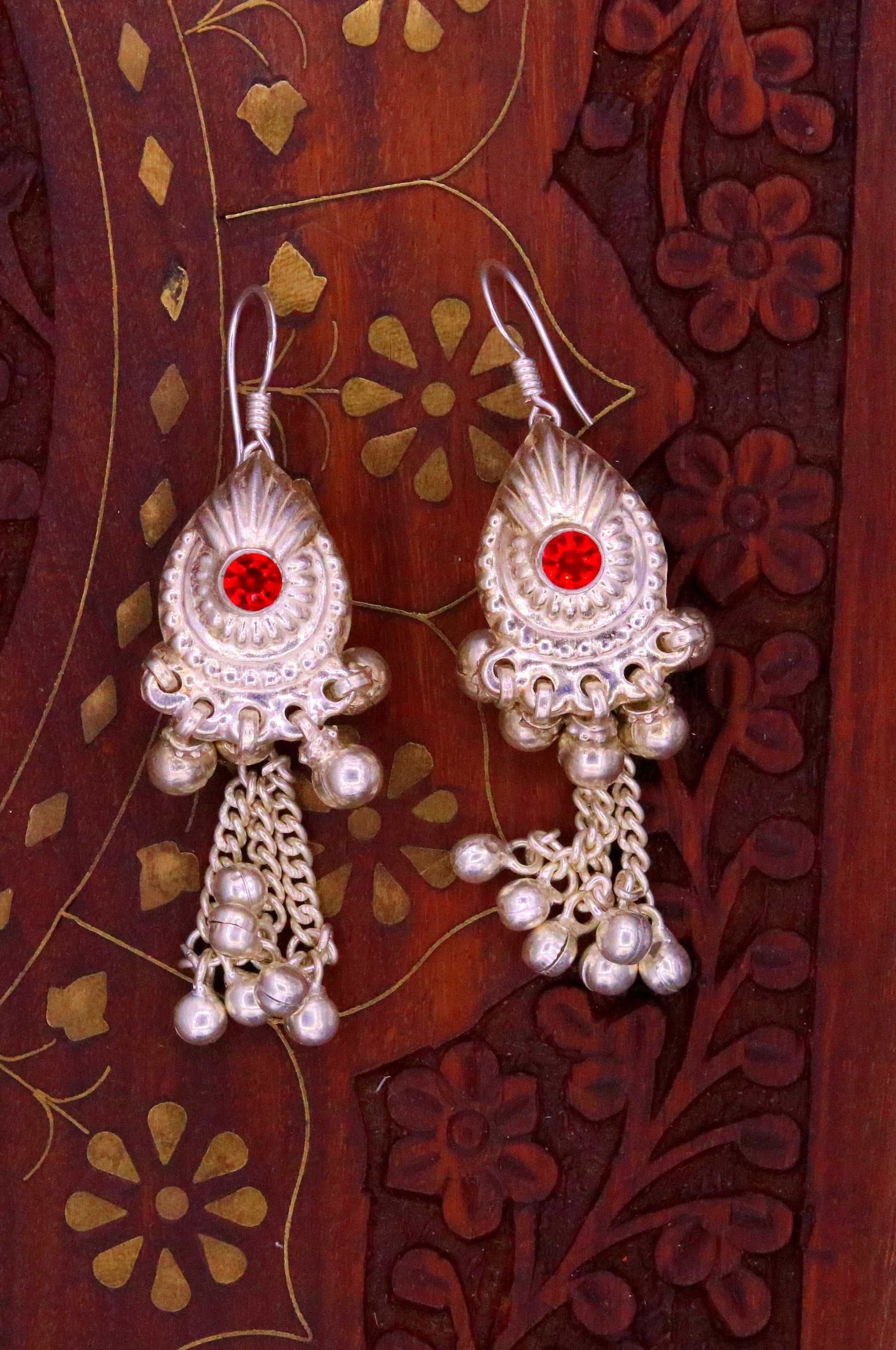 Vintage design sterling silver hoops earrings, fabulous stone and hanging noisy bells drop dangle earrings tribal jewelry from india s642 - TRIBAL ORNAMENTS