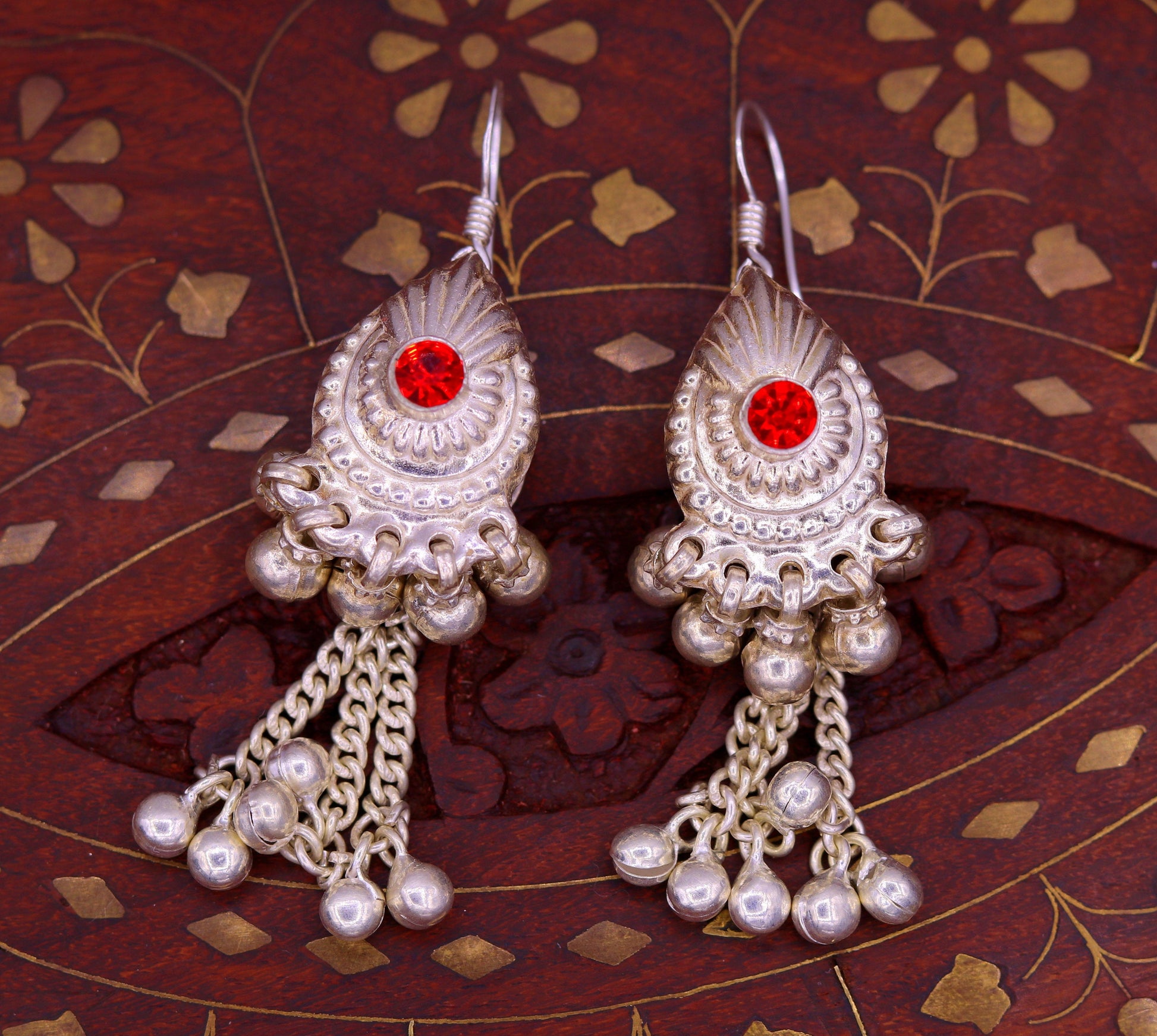 Vintage design sterling silver hoops earrings, fabulous stone and hanging noisy bells drop dangle earrings tribal jewelry from india s642 - TRIBAL ORNAMENTS