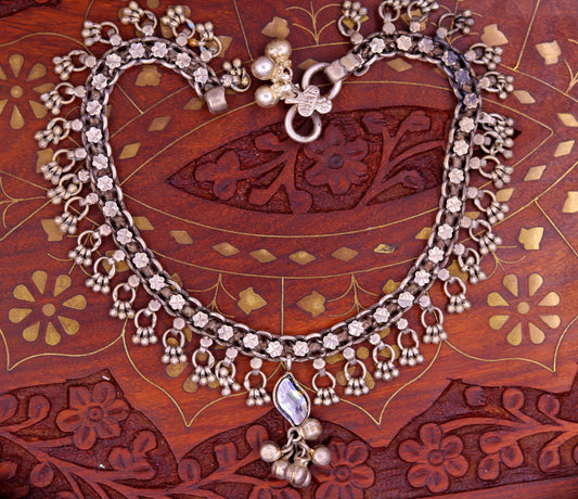 Vintage antique old silver anklet ankle bracelet, single ankle used tribal belly dance jewelry, charm foot bracelet from Rajasthan anko24 - TRIBAL ORNAMENTS