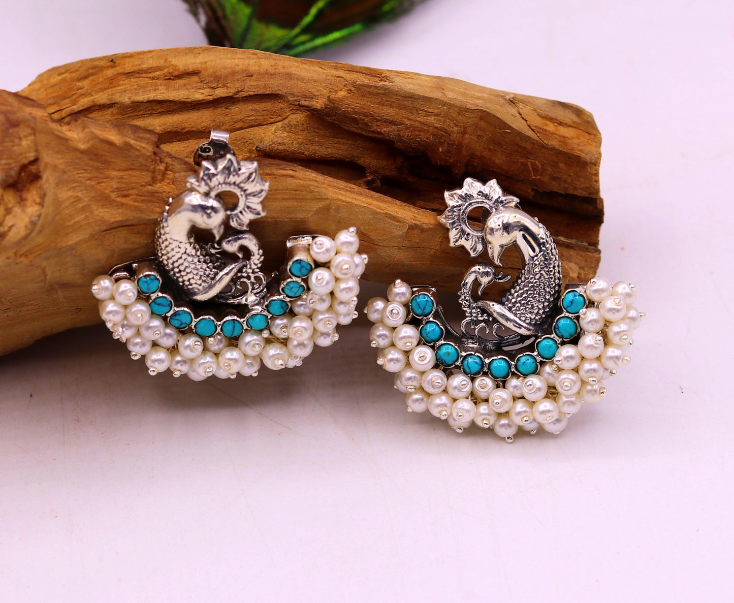 925 sterling silver handmade vintage antique design peacock stud earring fabulous hanging pearl and turquoise stone earring jewelry s704 - TRIBAL ORNAMENTS