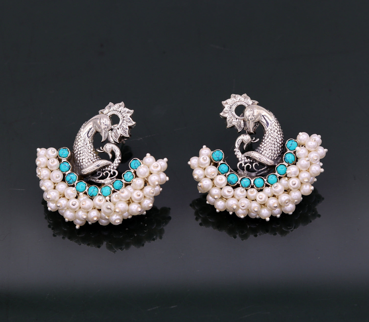 925 sterling silver handmade vintage antique design peacock stud earring fabulous hanging pearl and turquoise stone earring jewelry s704 - TRIBAL ORNAMENTS