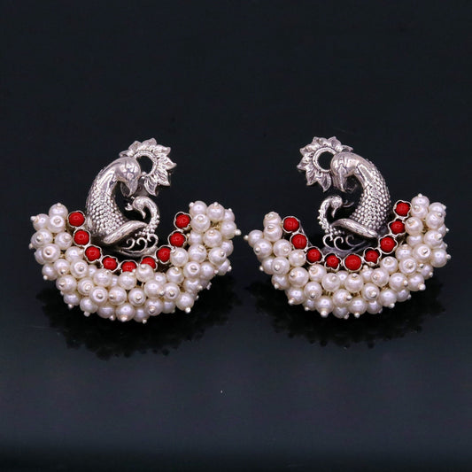 925 sterling silver handmade vintage antique design peacock stud earring fabulous hanging pearl and red coral stone earring jewelry s705 - TRIBAL ORNAMENTS